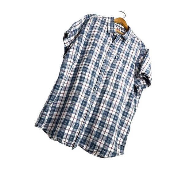 Levi’s Linen Button Down Cotton Plaid Red White Blue Short Sleeve Size XXL - Picture 3 of 6